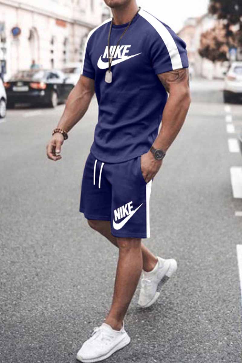 

Navy Blue Fashion Casual Print Patchwork O Neck Short Sleeve Two Pieces