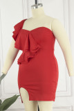 Rode sexy effen rugloze kralen mouwloze jurk met één schouder plus maat jurken