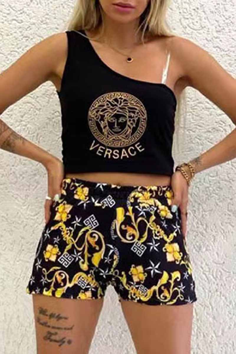

Black Casual Print Patchwork One Shoulder Sleeveless Two Pieces