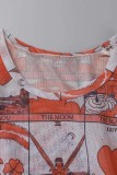 Tangerine Red Casual Print Basic Kurzarmkleid mit O-Ausschnitt