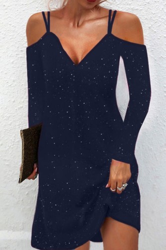 Deep Blue Casual Solid Patchwork V Neck Long Sleeve Dresses