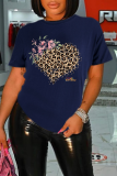 T-shirt O Neck patchwork leopardo vintage blu navy
