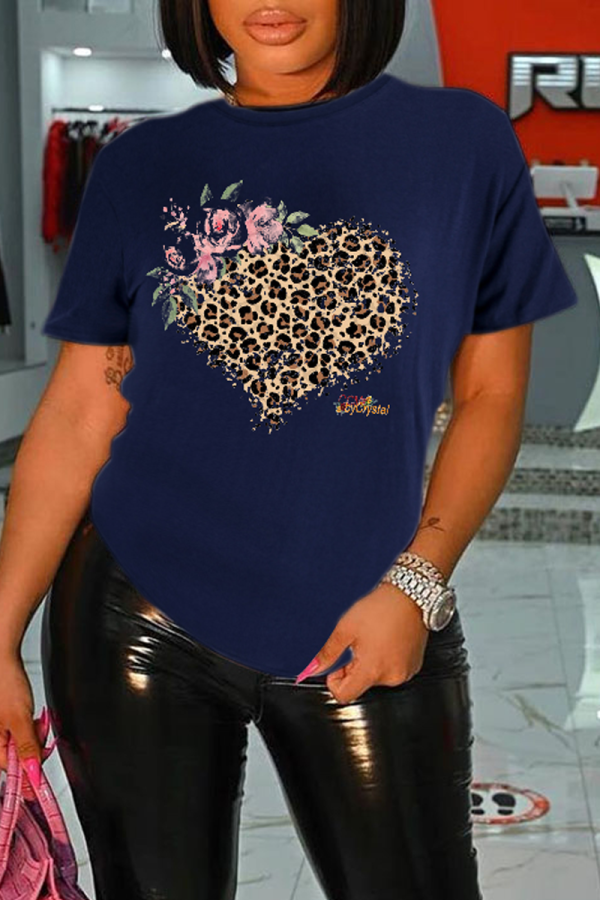 Marinblå Vintage Leopard Patchwork O-hals T-shirts