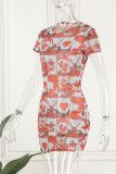 Tangerine Red Casual Print Basic O Neck Short Sleeve Dress