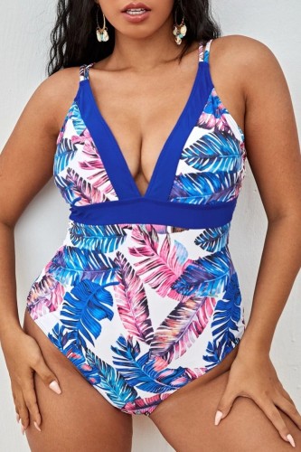 Blue Sexy Print Patchwork Backless V Neck Plus Size Swimwear (With Paddings)