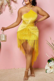 Yellow Sexy Solid Tassel Halter Waist Skirt Dresses