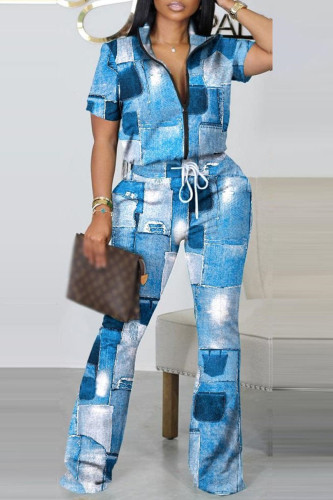 The cowboy blue Casual Print Patchwork Zipper Collar Short Sleeve Two Pieces