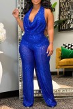 Blauwe sexy effen pailletten rugloze halter reguliere jumpsuits