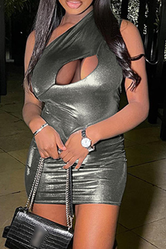 Dark Gray Sexy Solid Hollowed Out Backless Oblique Collar Sleeveless Dress Dresses