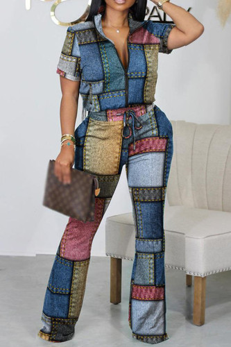 Multicolor Casual Print Patchwork Zipper Collar Short Sleeve Two Pieces