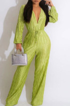 Green Yellow Sexy Solid Patchwork Fold V Neck Straight Jumpsuits