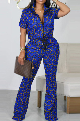Blue Casual Print Patchwork Zipper Collar Short Sleeve Two Pieces