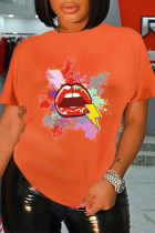 Orangefarbene, lässige, mit Lippen bedruckte Patchwork-T-Shirts mit O-Ausschnitt