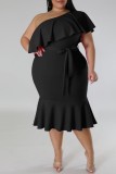 Black Casual Solid Patchwork Backless Oblique Collar Plus Size Dresses