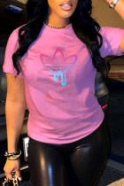 ピンクカジュアルプリントパッチワークOネックTシャツ