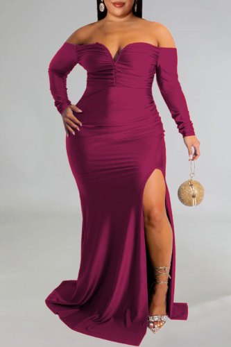 Red Sexy Formal Solid Backless Slit Off the Shoulder Evening Dress Plus Size Dresses