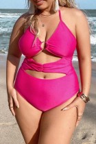 Rose Red Sexy Solid Hollowed Out Backless Spaghetti Strap Plus Size Swimwear (With Paddings)