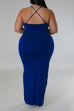 Vestido de honda con cuello en V sin espalda de patchwork sólido sexy azul Vestidos de talla grande