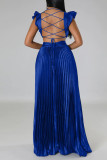 Colorful Blue Sexy Solid Patchwork Backless Fold V Neck Straight Dresses