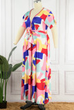 Vestido multicolorido casual estampado básico decote em V manga curta vestidos tamanho grande