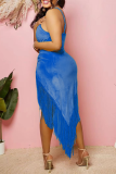 Blue Sexy Solid Tassel Halter Waist Skirt Dresses