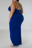 Vestido de honda con cuello en V sin espalda de patchwork sólido sexy azul Vestidos de talla grande