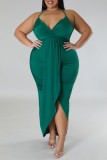 Зеленое сексуальное сплошное лоскутное платье с открытой спиной и V-образным вырезом Платья больших размеров