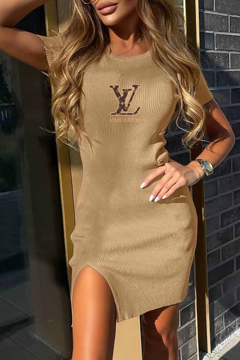 

Khaki Casual Letter Slit O Neck Irregular Dress Dresses