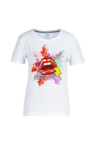 Graue, lässige, mit Lippen bedruckte Patchwork-T-Shirts mit O-Ausschnitt