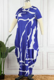 Blaues, lässiges, kurzärmliges Basic-Kleid mit O-Ausschnitt und Kleidern in Übergröße