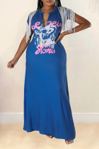 Royal Blue Street Print Tassel V Neck Straight Plus Size Dresses