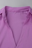 Vestidos roxos casuais sólidos patchwork manga longa com decote em V