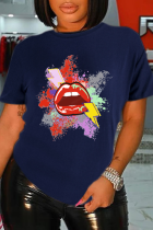 Marineblaue, lässige, mit Lippen bedruckte Patchwork-T-Shirts mit O-Ausschnitt