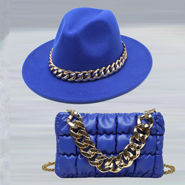 Chapeau de chaînes de patchwork de célébrités de la rue bleue (chapeau + sac)