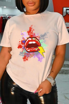 Camisetas con cuello en O de patchwork con estampado de labios casuales blancos
