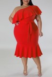 Rose Red Casual Solid Patchwork Backless Oblique Collar Plus Size Dresses