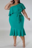 Green Casual Solid Patchwork Backless Oblique Collar Plus Size Dresses