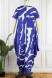 Blauwe casual print Basic O-hals jurk met korte mouwen Grote maten jurken