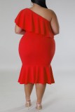 Vestidos de talla grande con cuello oblicuo sin espalda de retazos sólidos informales de color rojo rosa
