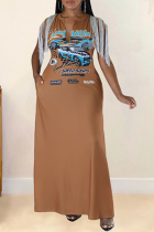 Темно-коричневые прямые платья больших размеров с кисточками и V-образным вырезом с уличным принтом