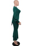 Green Casual Solid Basic V Neck Long Sleeve Dresses
