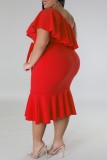 Rose Red Casual Solid Patchwork Backless Oblique Collar Plus Size Dresses