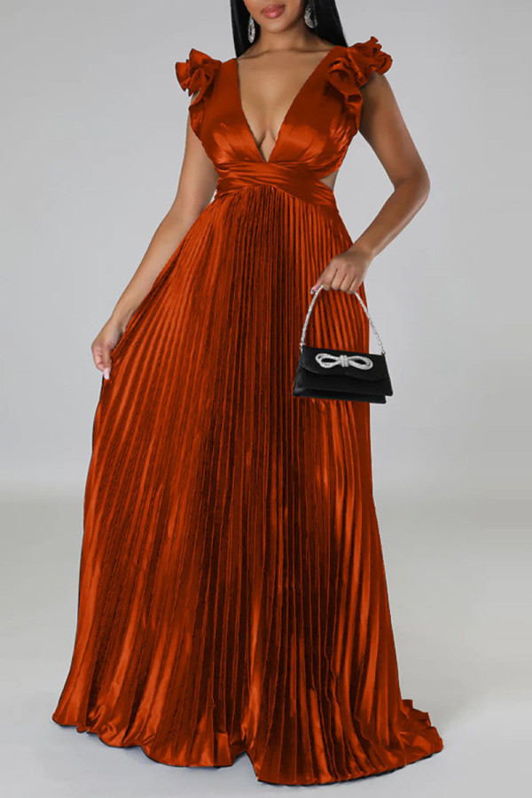 Tangerine Red Sexy Solid Patchwork Backless Fold V-hals Rechte jurken