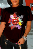 Rote, lässige, mit Lippen bedruckte Patchwork-T-Shirts mit O-Ausschnitt