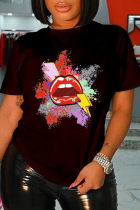 Zwarte casual lippen bedrukte patchwork T-shirts met ronde hals