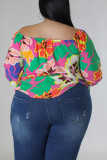 Orange Casual Print Bandage Patchwork Off the Shoulder Plus Size Tops
