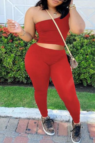 Tenue de sport décontractée rouge solide patchwork col oblique sans manches deux pièces
