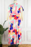 Multicolor Casual Print Basic V Neck Short Sleeve Dress Plus Size Dresses