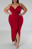 Röd Sexig Solid Patchwork Rygglös V-hals Sling Dress Plus Size Klänningar