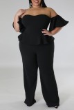 Burgundy Sexig Casual Solid Backless Off the Shoulder Plus Size Jumpsuits